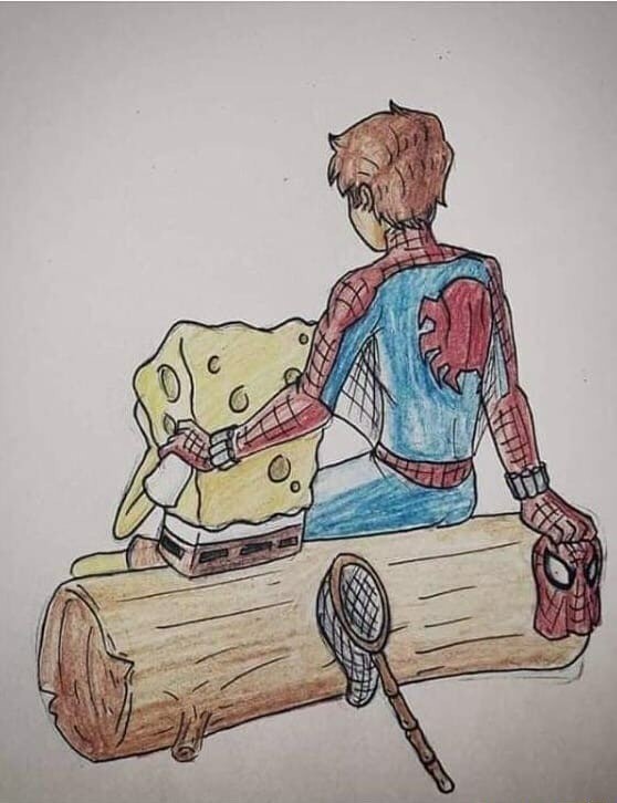 Friendship post - SpongeBob, Spiderman, Painting, Pencil drawing