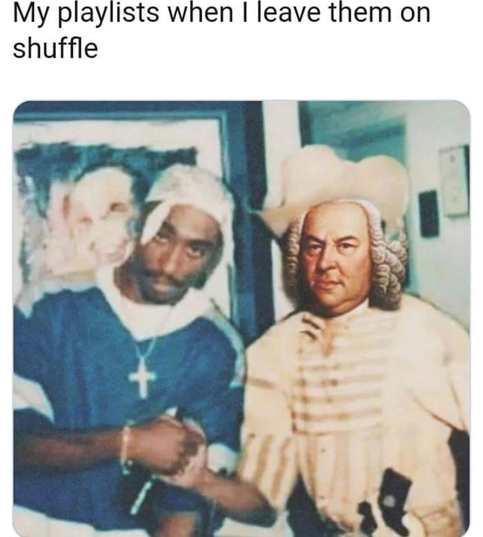 What does my playlist look like when I play it at random - Picture with text, Humor, Music, Playlist, Johann Sebastian Bach, Tupac shakur