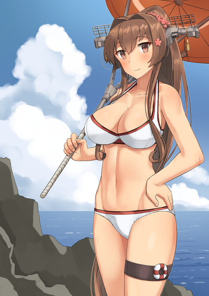 Yamato - Kantai Collection, Аниме, Anime Art, Yamato, Купальник, Зонт