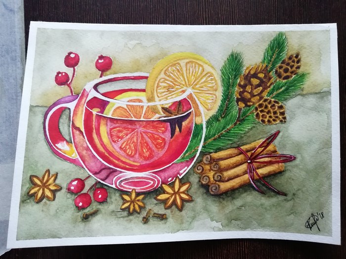 Another New Year's card. - My, Watercolor, Traditional art, Drawing, Creation, Postcard, New Year card, Tea