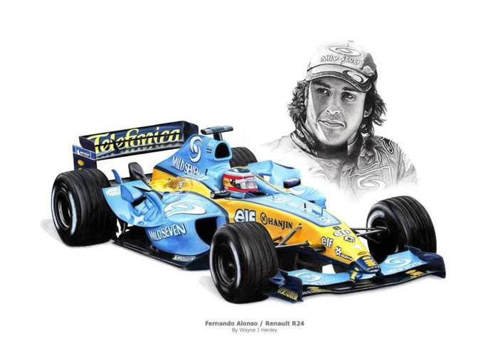 Hand drawing of Formula 1 champions - Formula 1, Ayrton Senna, Nigel Mansell, Michael Schumacher, Fernando Alonso, Longpost