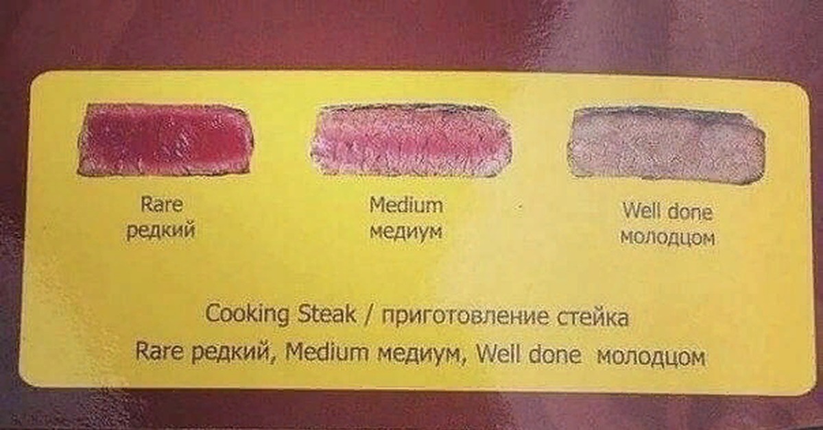 Well перевод на русский. Ляпы переводчиков. Стейк молодцом. Rare Medium well done молодцом. Прожарка стейка.