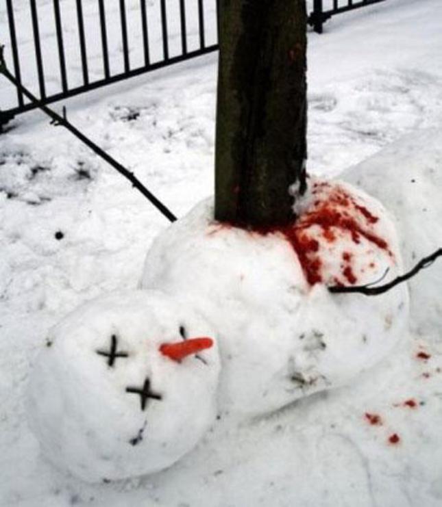 The hard life of a snowman... - Winter, Snow, snowman, Blood, Pain, Road accident, Longpost