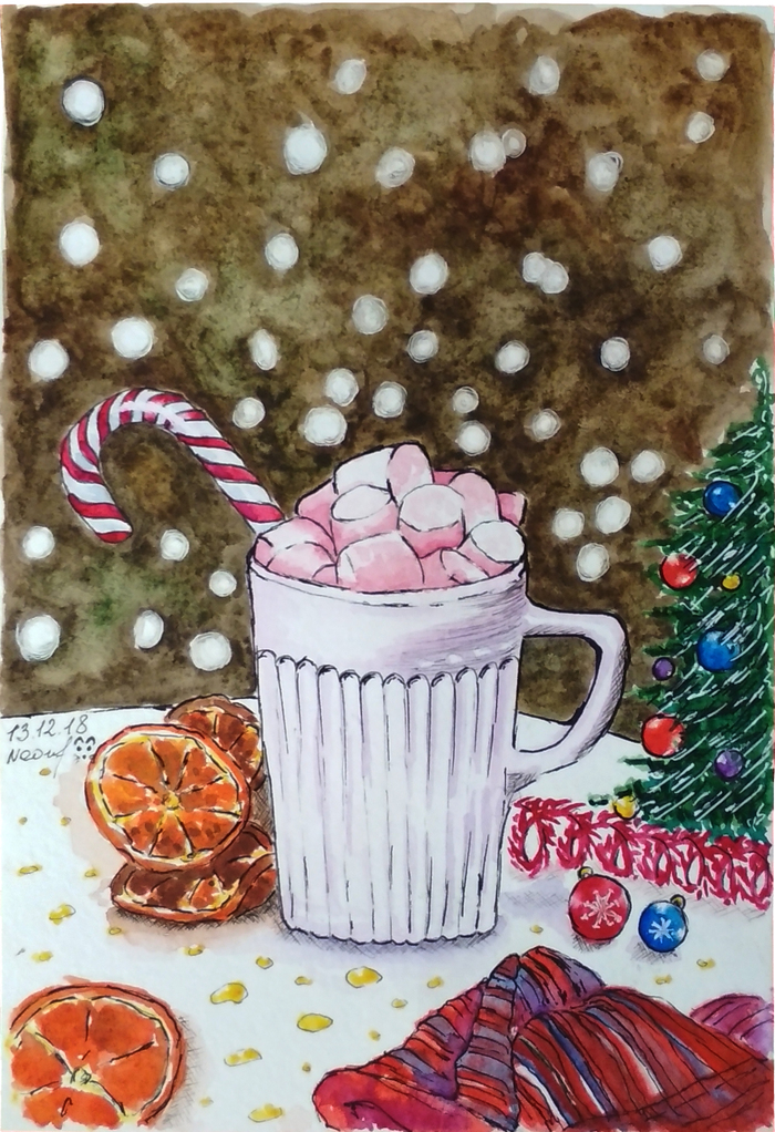 A bit of holiday spirit - My, Learning to draw, Watercolor, Christmas, Beginner artist, Still life, Painting, Sketch