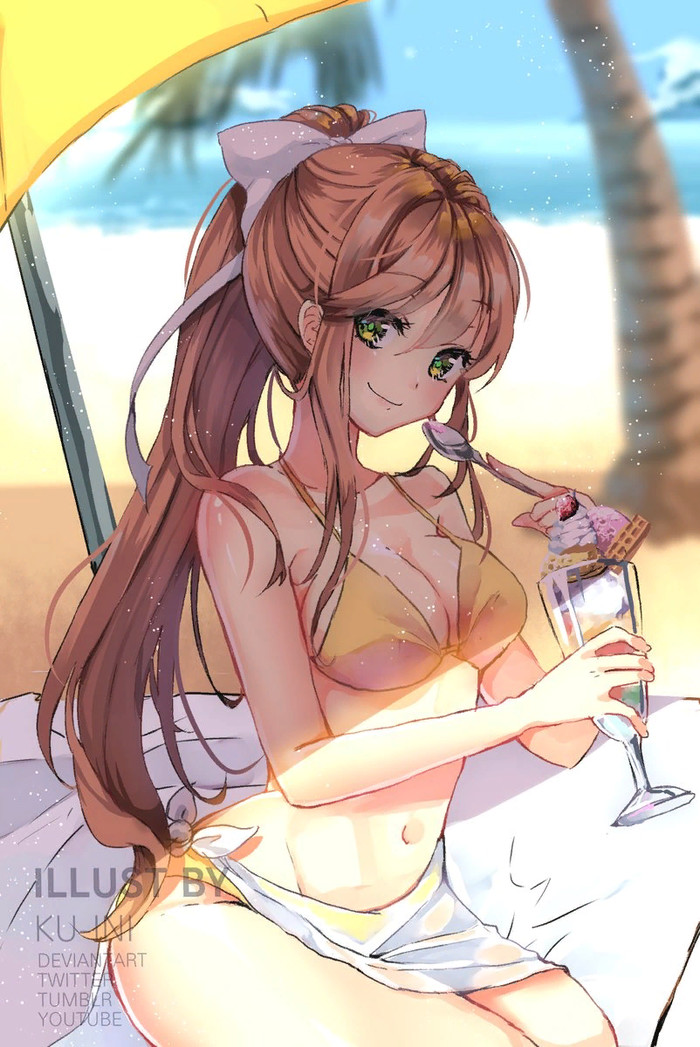 Spending time at the beach Doki Doki Literature Club, Monika, Anime Art, Визуальная новелла