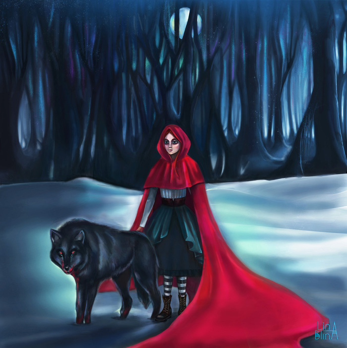 Red Riding Hood - Моё, Арт, Рисунок, Творчество, Красная шапочка, Волк, Зима, Сказка, Цифровой рисунок