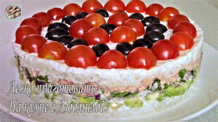 Layered salad with tuna - My, Salad, Food, Cooking, Recipe, Video, Youtube, Fast, Puff salad, Longpost