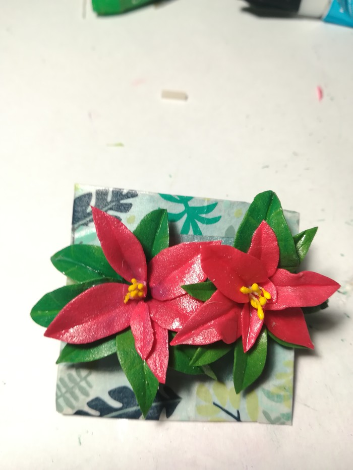 Earrings Christmas flower - My, Flowers, , , Foamiran, Foamiran flowers, Earrings, Handmade, Accessories