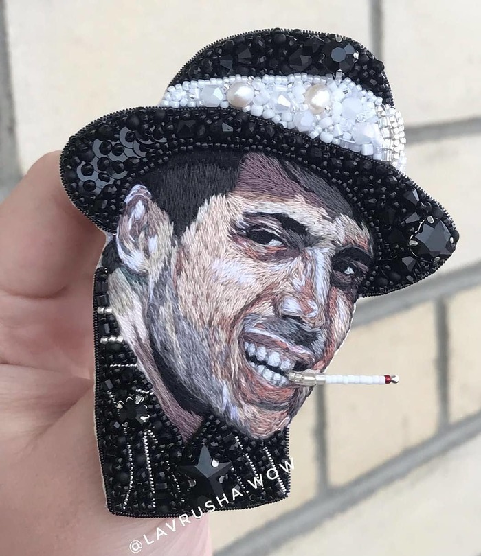 Damn attractive brooch - Brooch, Embroidery, Adriano Celentano, Handmade