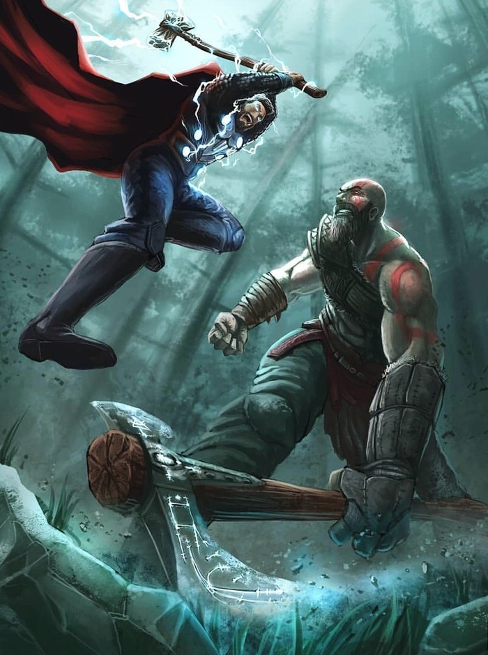Thor vs Kratos - Art, Images, Thor, Kratos, Marvel, God of war, Drawing, Crossover