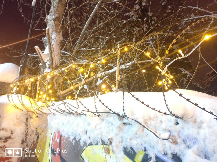 Harsh but soft Voronezh - My, Voronezh, Lights, Christmas, Barbed wire, Holidays, Fencing