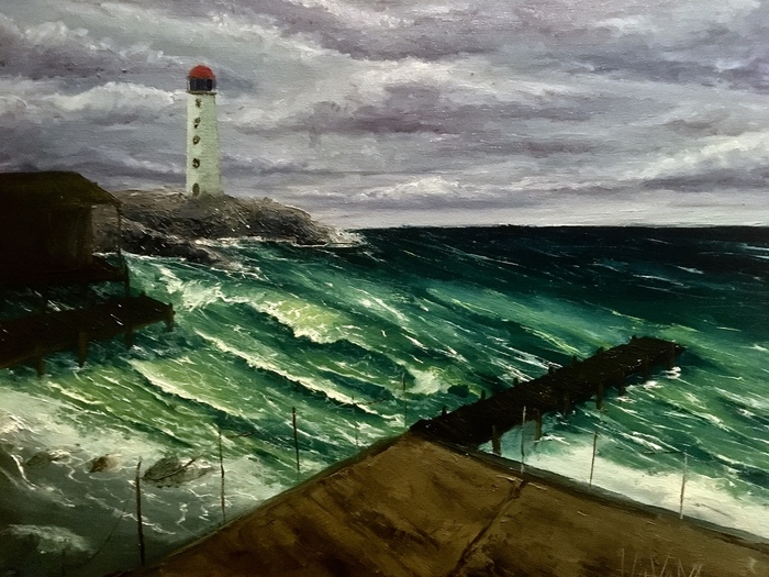 Innsmouth pier - My, Howard Phillips Lovecraft, Shadow over Innsmouth, Cthulhu, Dagon, Horror, Oil painting, Painting, Sea