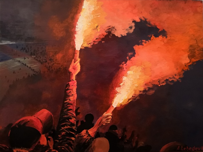 Climax. Canvas on cardboard, oil. 30x40 cm.2018 - My, Fire, Fans, Match, Light, Painting, Oil painting, Butter, Flashlight