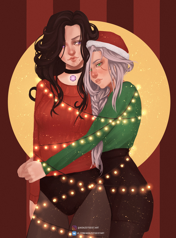 New Year Yen and Ciri - My, Yennefer, Ciri, Witcher, The Witcher 3: Wild Hunt, New Year, Characters (edit), Drawing, Digital drawing