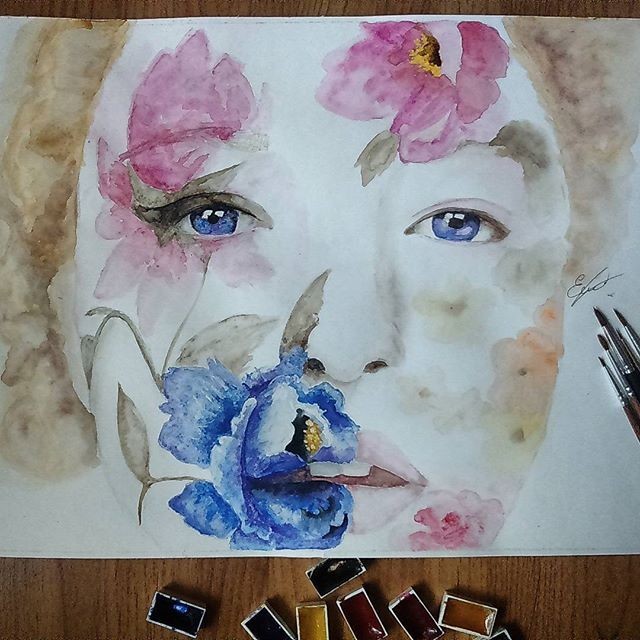 From junk - My, Watercolor, Art, Girls, Drawing, Creation, Face, Portrait, Flowers