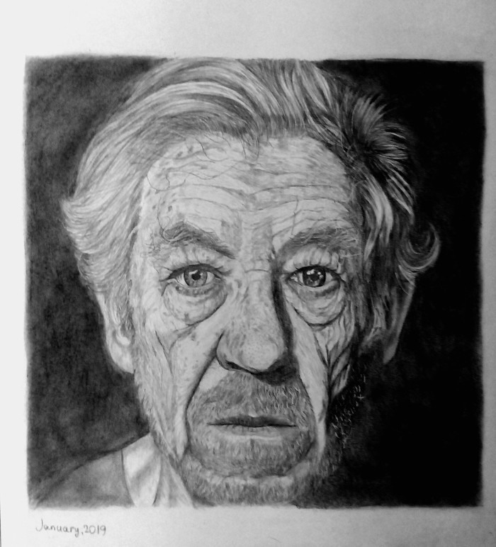 Ian McKellen - Actors and actresses, Portrait, Portrait by photo, Portraits of people, Beginner artist, Drawing, Pencil drawing, Ian McKellen, My