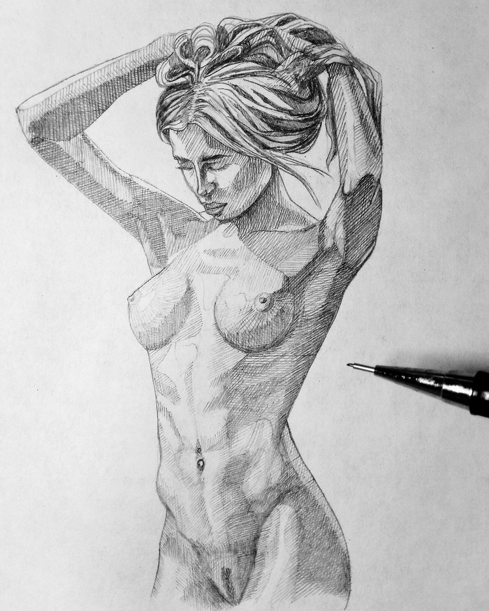 Young woman - NSFW, My, League of Artists, Painting, Beautiful girl, Erotic, Strawberry, Pencil drawing, Art