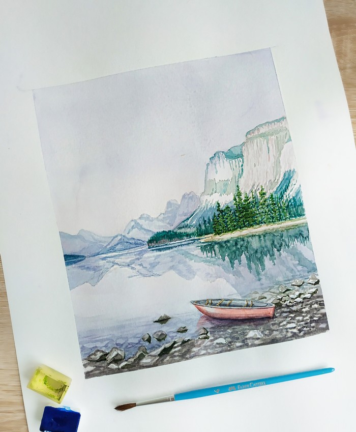 Canadian landscape - My, Watercolor, Landscape, Drawing, The mountains, Shore, Water, A boat