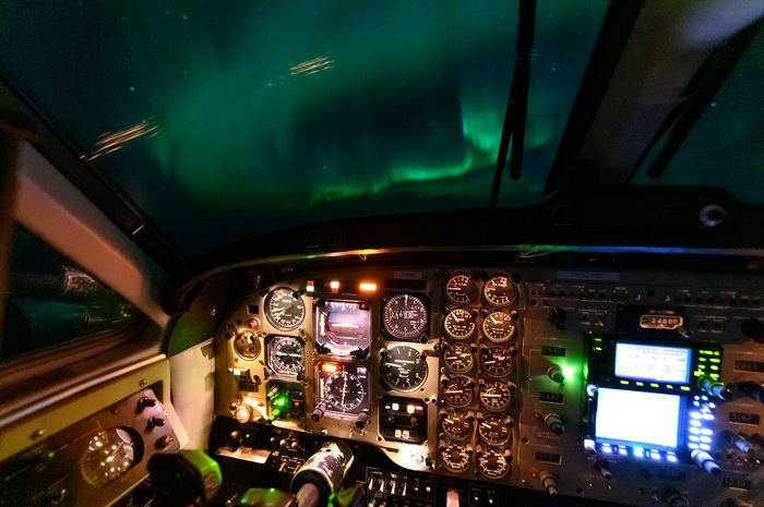 Northern lights in northern canada - Polar Lights, Aurora borealis, View from the cockpit, Airplane