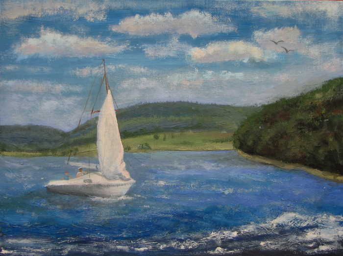 Sailboat - My, Images, Painting, League of Artists, Sailboat, Tempera, Nugush, Marine painter, Landscape