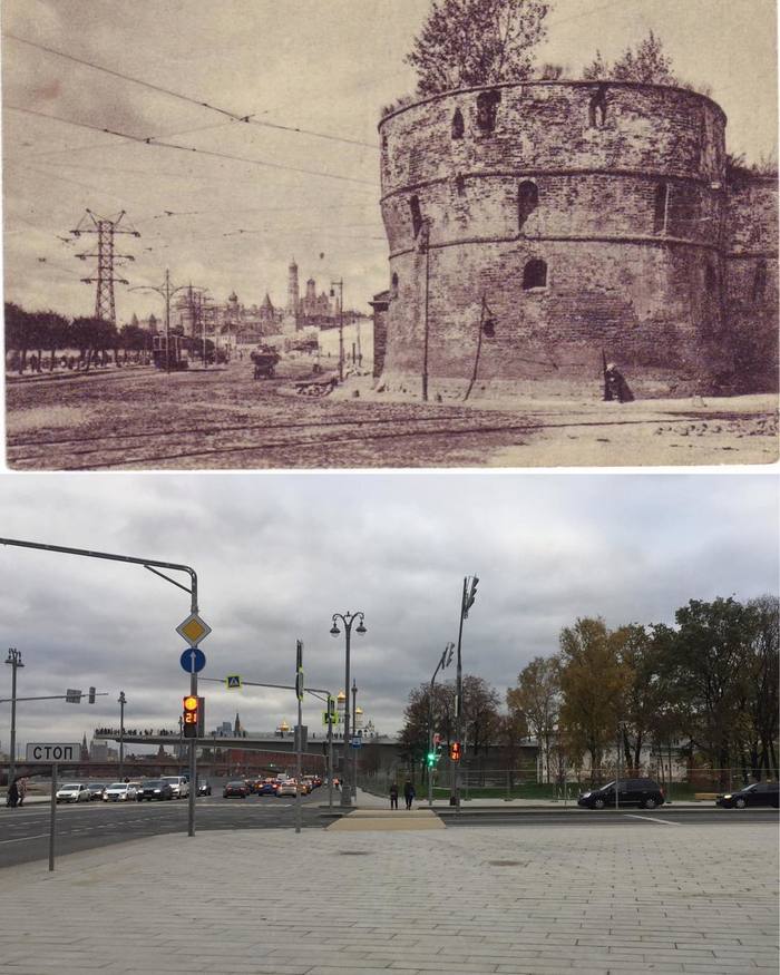 Moskvoretskaya embankment in the 1930s and today. The Kitaigorod wall has gone down in history. Before going to bed, a complete restoration was carried out! - My, Moscow, Russia, Story, Historical photo, Capital, Architecture