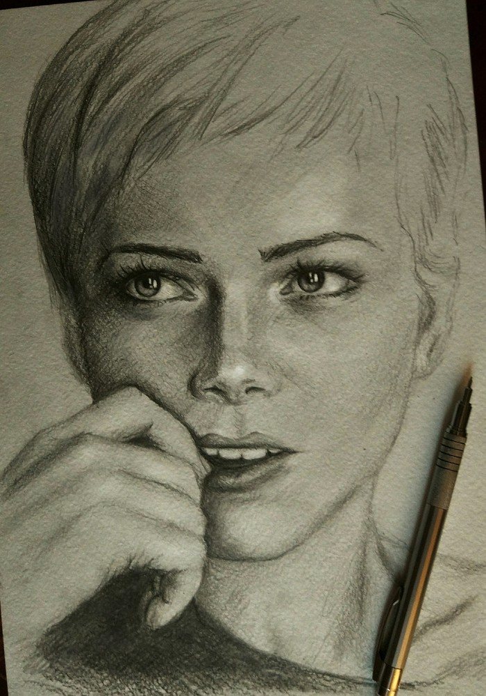 Michelle Williams - My, Portrait, Drawing, Pencil, Michelle Williams, Portrait by photo, Pencil drawing, Actors and actresses, Celebrities