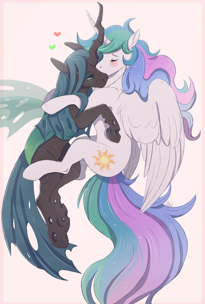 I will protect you, my princess! - My little pony, Queen chrysalis, Princess celestia, Shipping, MLP Lesbian, Hugs, 