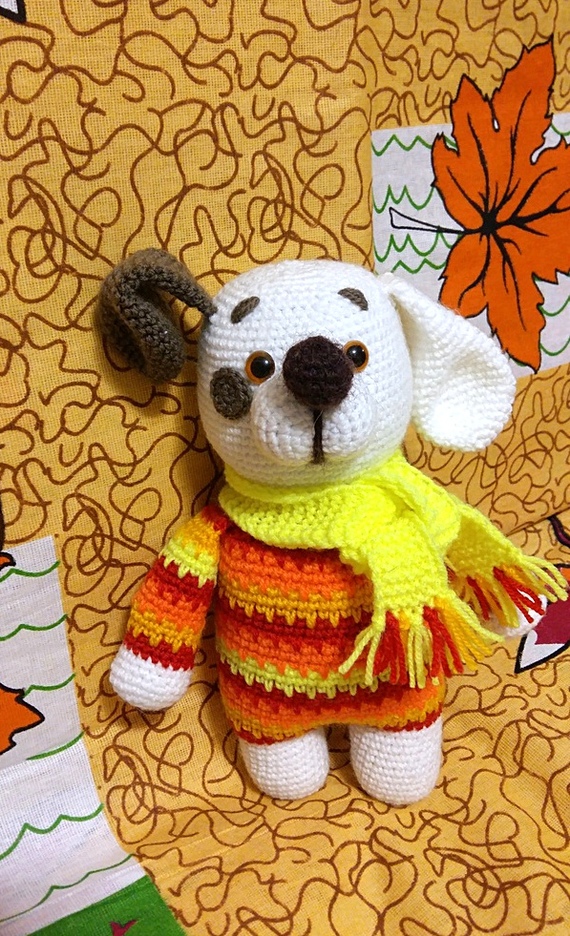 White Beam black ear wishes everyone a sunny Saturday and good mood!!! - My, Knitting, Hook, Hobby, Needlework without process, Amigurumi, Crochet, Dog, Toys, Longpost