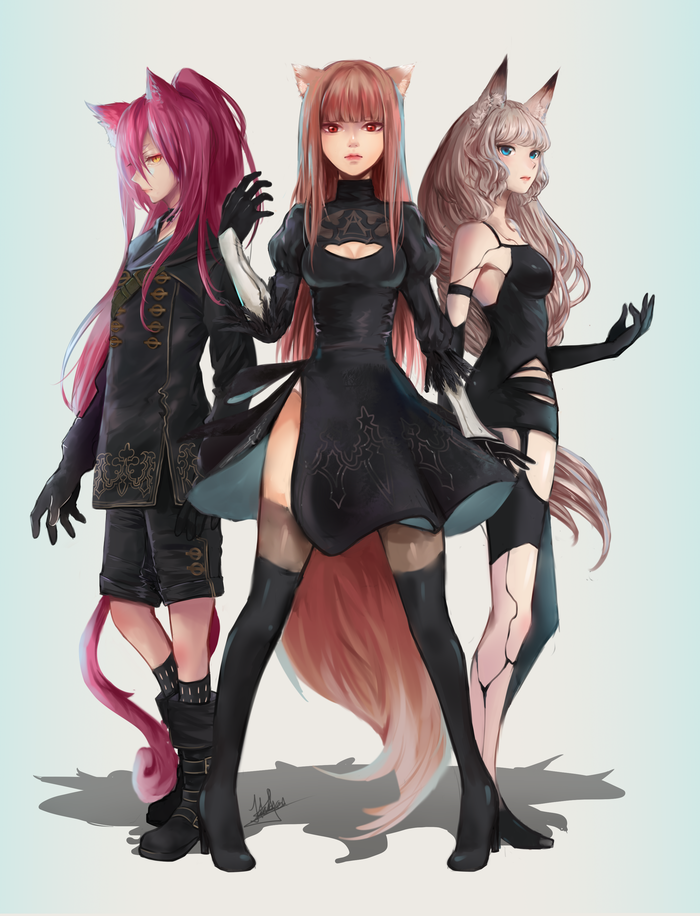 Deadly trio Anime Art, , Horo, Holo, Yuzuruha, , Nier Automata
