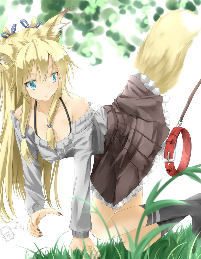 Do not forget to walk with your pet. - Anime art, Anime, Ears, Tail, Collar