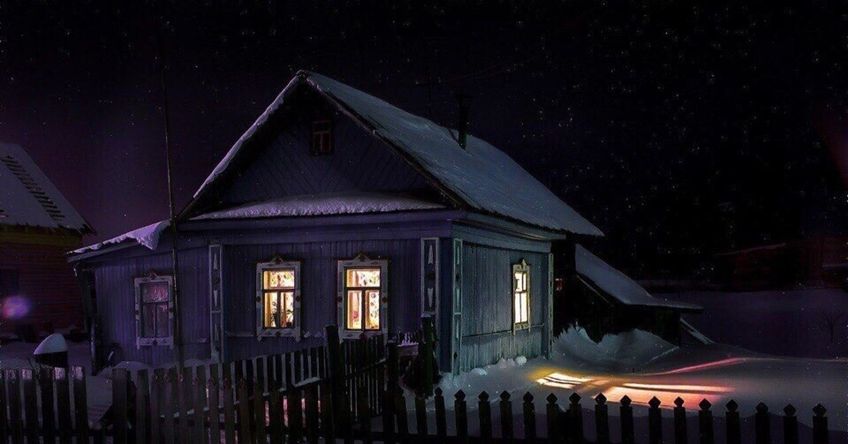 фото зима в деревне ночью