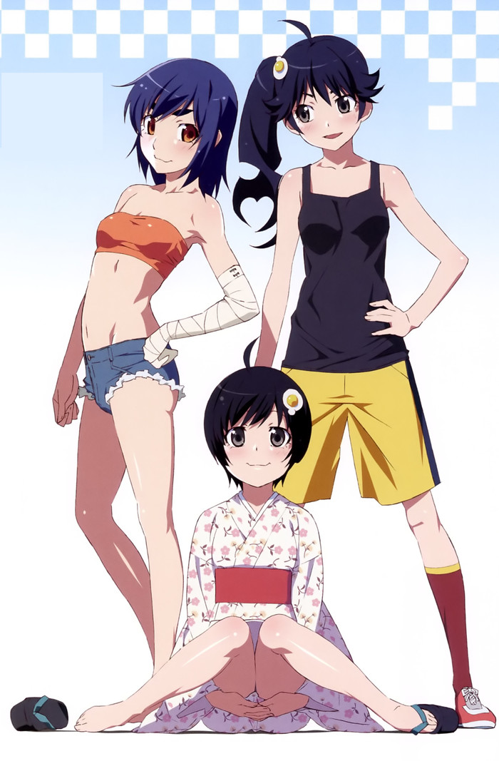   , Anime Art, Monogatari series, Kanbaru Suruga, Araragi Karen, Tsukihi Araragi