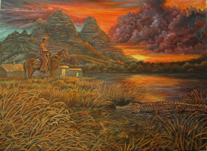 Lake - My, Painting, Butter, Sunset, The mountains, Lake, Rider, Crocodile, Oil painting, Crocodiles