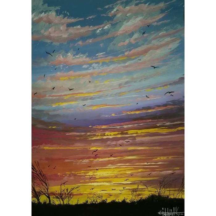 Sunset (2019). Gouache, paper 42x60cm - My, Gouache, Painting, Painting, Sky, Sunset, Paints, Landscape, Birds