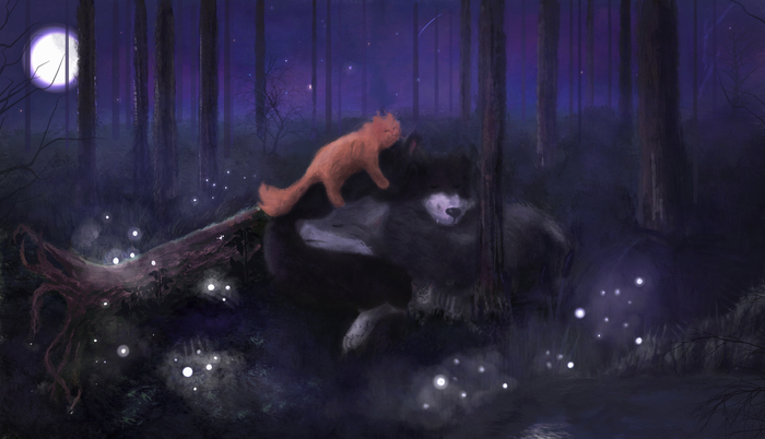 Overnight stay in the forest - My, cat, Wolf, Art, Drawing, Digital drawing, Night, Fireflies