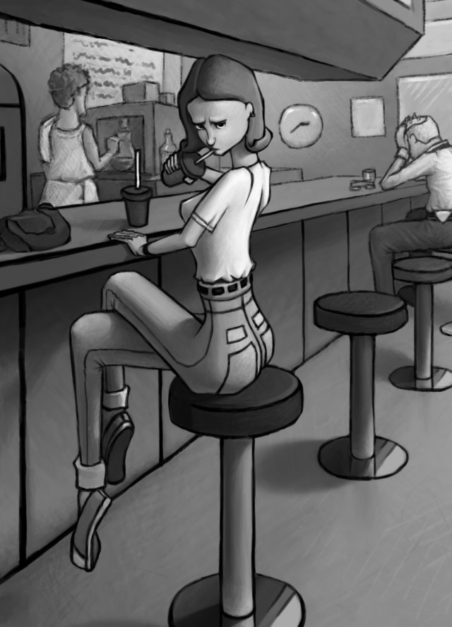 Being late - My, Girls, Bar, Photoshop, Black and white, Drawing, Digital drawing, Being late, Expectation