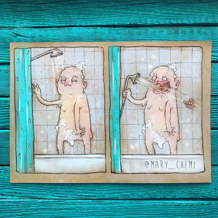 The main thing is to be young at heart - My, Grandfather, Drawing, Caricature, Shower, Forever Young