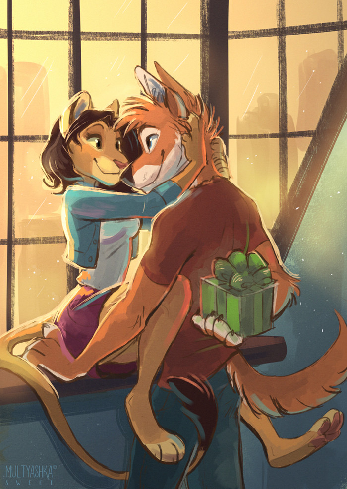 Happy birthday - Furry, Art, Anthro, Furry feline, Furry canine, Birthday, Presents, Multyashka-Sweet