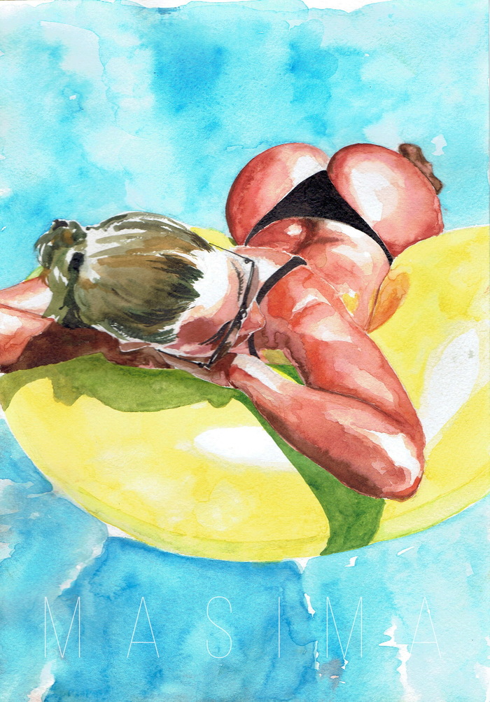 Pool stories 2 - Girls, Beautiful girl, Swimsuit, Swimming pool, Drawing, Paints, Watercolor, , My, NSFW