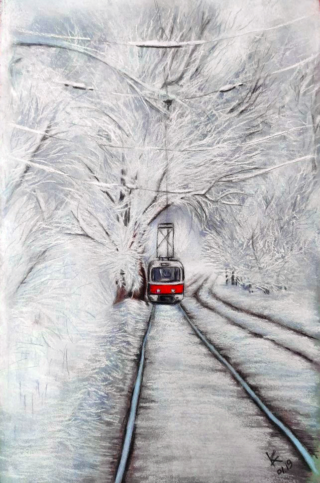 Tram - My, Pastel, Pastel pencils, Winter, Tram, Snow, Rails, Drawing