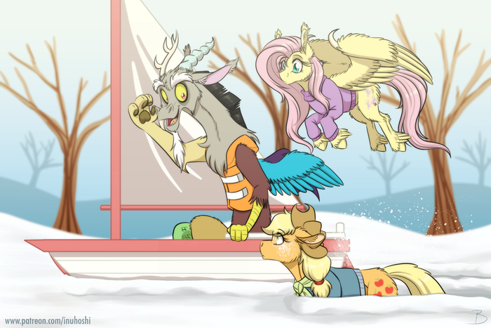 Sailing Through the Snow My Little Pony, MLP Discord, Fluttershy, Applejack, Appljack, , Inuhoshi-to-darkpen