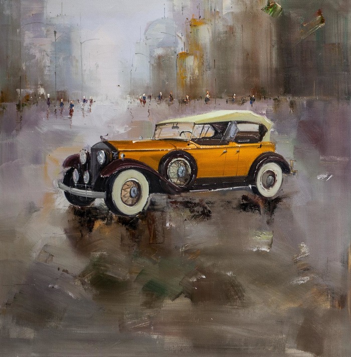 Oil painting Retro car on the background of the city - Car, Auto, Retro car, Painting, Art, Painting, Urban