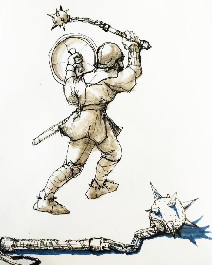 Medieval warrior with flail and fencing sketch - My, Fencing, Drawing, Sketch, 