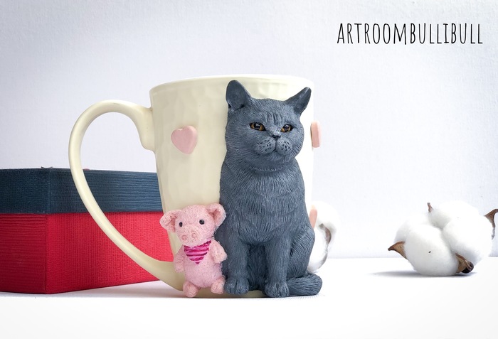 Mug decor British cat. - My, cat, British cat, Mug with decor, Polymer clay, Handmade, Portrait mug, Longpost