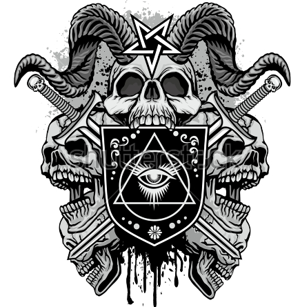 Skull with horns and occult sign - My, Scull, Horns, , Grunge, Vintage, Design, , T-shirt