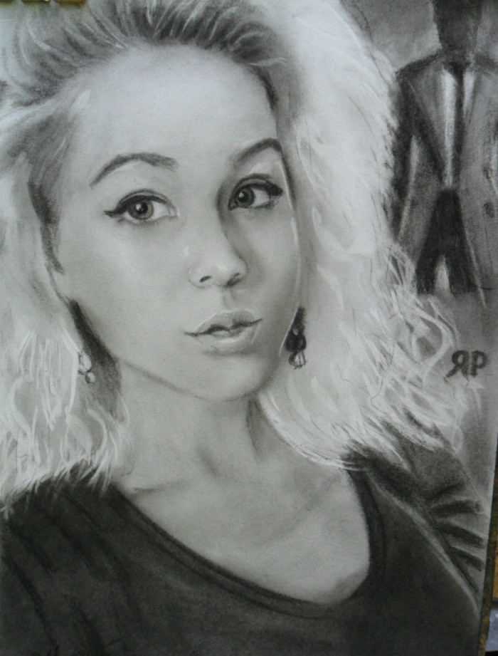 Portrait in charcoal pencil and coal dust. - My, Portrait, Girls, Portrait by photo, Drawing, Charcoal drawing