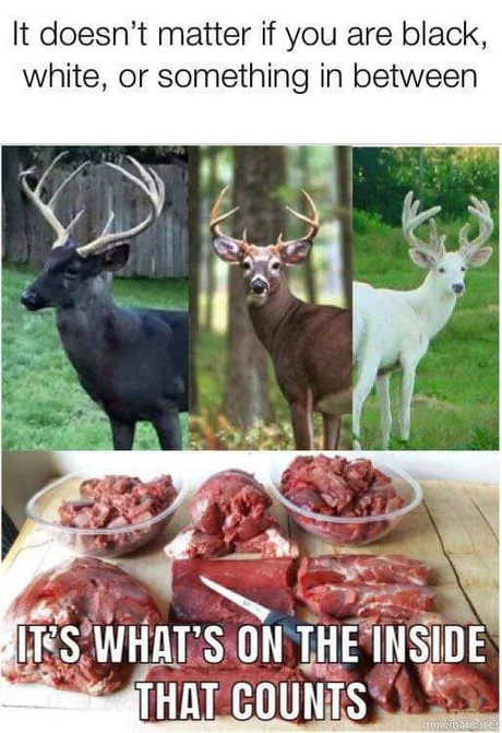 It doesn't matter if you are black, white or something in between. - Picture with text, Deer, Meat, Black humor, Deer