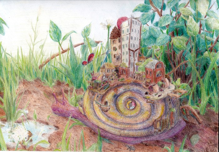 Snail city - drawing with colored pencils. - My, Drawing, Colour pencils, Story, Snail, Town