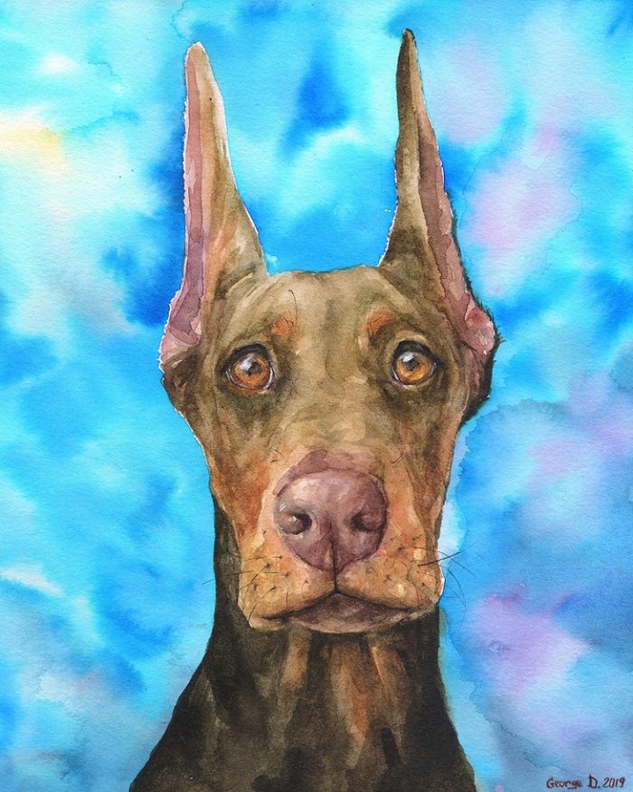 Doberman. Watercolor :) - My, Doberman, Painting, Puppies, Watercolor, Milota, Dog, Drawing, Art