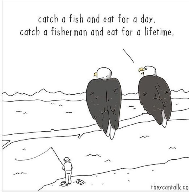 eagle eye - Eagle, Fishermen, Mining, Caricature, Humor, Philosophy, Metaphor